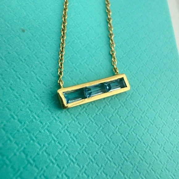 Tiffany & Co. Paloma's Studio 18k Blue Topaz Bar Pendant Baguette Stone Necklace - Picture 8 of 8